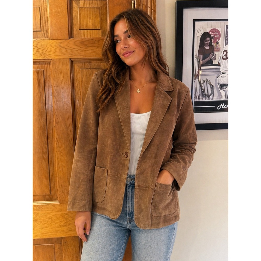 Savannah Genuine Brown Leather Blazer Womens 8P‎ Petite Classic Tailored Jacket